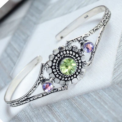 Indian Art Peridot Cut , Amethyst Cut Gemstone 925 Sterling Silver Cuff Bracelet - Image 1 of 4