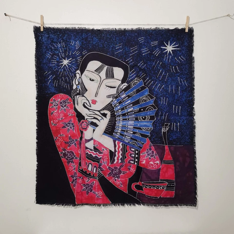 Cotton Fabric Wall Hanging, Hand Dyed Batik Tapestry  - Woman Holding a Fan - Image 1 of 1
