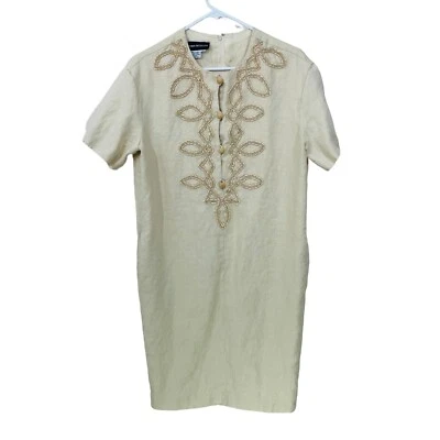 Vestido De Colección Donna Morgan Talla 10 Tostado 100% Lino Bolsillos Laterales Forrado Adornado Foto 1 de 4