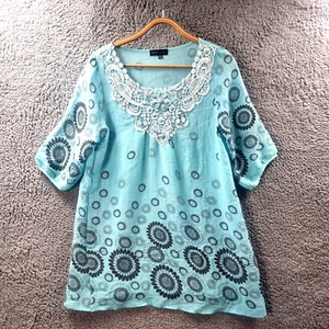 CAROLINE MORGAN Womens Tunic Top Size 8 Blue Grey White Lace Trim Short Sleeve - Picture 1 of 15