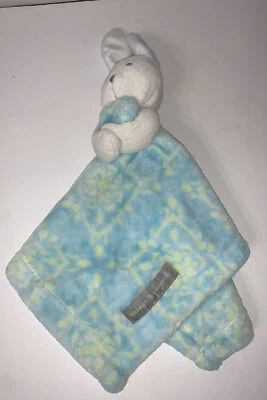 Blankets & Beyond HTF Lovey Security Bunny Blue Yellow Damask 12” Long - Image 1 of 4