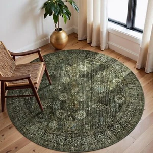 New-Green Boho Washable 5FT Round Living Room Rug,Vintage Circle Rug for Bedroom - Picture 1 of 5