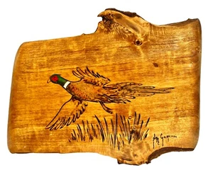 Vtg Live Edge Wood Burning Wall Art Plaque Pheasant Hanger Artist Signed 1970s - Picture 1 of 8