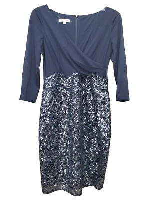 Vestido Vaina Kay Unger Azul Lentejuelas Escote Cruzado Talla 10 Foto 1 de 4