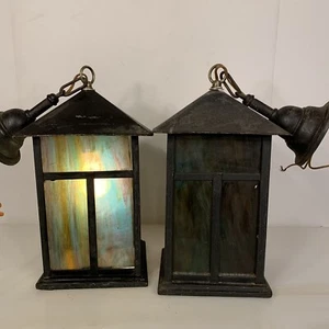 2-Vintage Stained Glass Paned Lanterns, Outdoor Hanging Light 14” X 7” - Picture 1 of 6