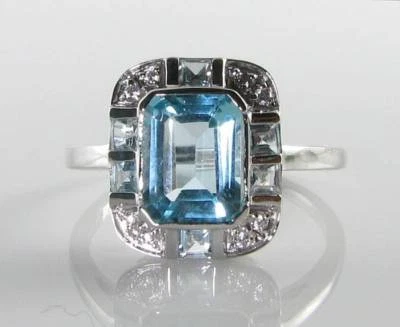 LARGE 9k 9CT WHITE GOLD AQUAMARINE DIAMOND CLUSTER ART DECO INS RING Size I  - Image 1 of 4