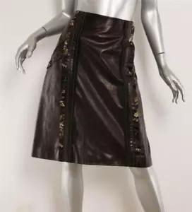 PRADA Black Leather Silk Floral Jacquard Stitch Trim A-Line Skirt 8-44 NEW $3700 - Picture 1 of 5