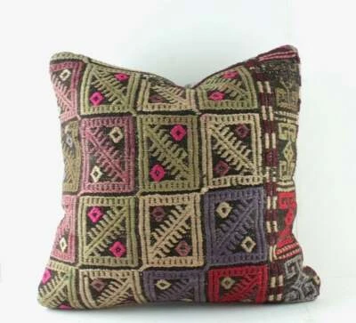 Funda de Almohada Kilim Turco Decorativa Hecha a Mano 16x16 Verde Negro Almohada Kilim Foto 1 de 4