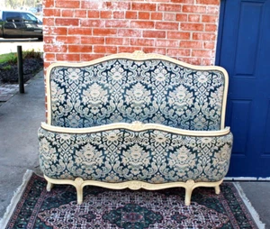 Antique French Louis XV Full Bed | Painted White Frame & Upholstered Floral - Picture 1 of 6
