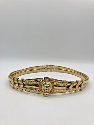 Винтажный 1980-е Дискотека Джудит Лейбер Золотой Металлический Пояс с Львиной Пряжкой Эластичный Ремень  - Изображение 1 из 4