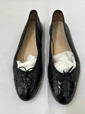 Authentic Chanel Women Ballet Flats 39 Black Cap Toe Paten Leather - Image 1 of 4