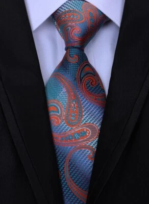 Nueva Corbata Clásica Paisley Naranja Azul Gris TEJIDA JACQUARD 100% Seda Para Hombre Foto 1 de 2