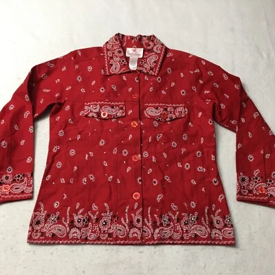 Quacker Factory Red Shacket womens smal Rhinestone Sequin Paisley All Over Print - Image 1 of 4