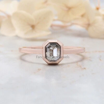 Anel de noivado de ouro rosa 14K com diamante esmeralda natural sal e pimenta 0,72 quilates - Imagem 1 de 4