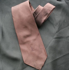  Vintage YVES SAINT LAURENT Embroidered Logo Brown Tie  - Picture 1 of 3