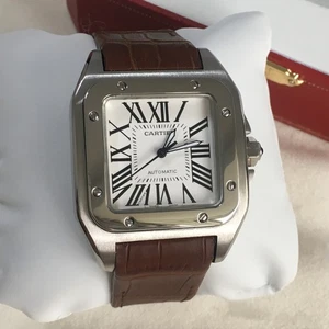 ✿Cartier✿Santos Placa Cuadrada Blanca Pulsera Marrón Reloj Automático Hombre - Imagen 1 de 5