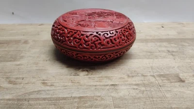 Vintage 6" Laca de Cinábrio Esculpida Chinesa Vermelha Caixa Redonda Excelente Estado - Imagem 1 de 4
