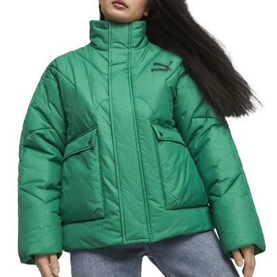 PUMA Luxe Sport T7 绗缝全拉链夹克女式绿色休闲运动外套 — 第 1/4 张图片