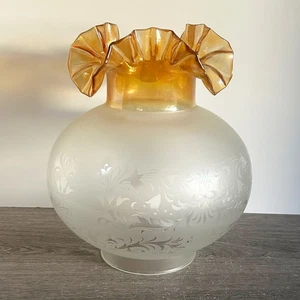 Vtg Satin Glass Etched oil Lamp Globe ball Shade Chimney Gold ruffle - Picture 1 of 9