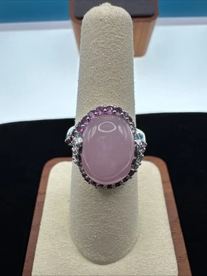Pink Oval Jadeite Sterling Silver 925 Ring Surrounded W/ Purple Amethyst Size 7 - Image 1 of 4
