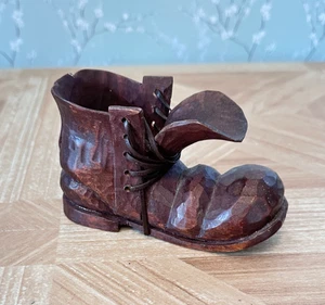 Vinrtage Wooden Hand Carved Vintage Shoe Boot w/Laces Pen Pencil Holder 3” Tall - Picture 1 of 6