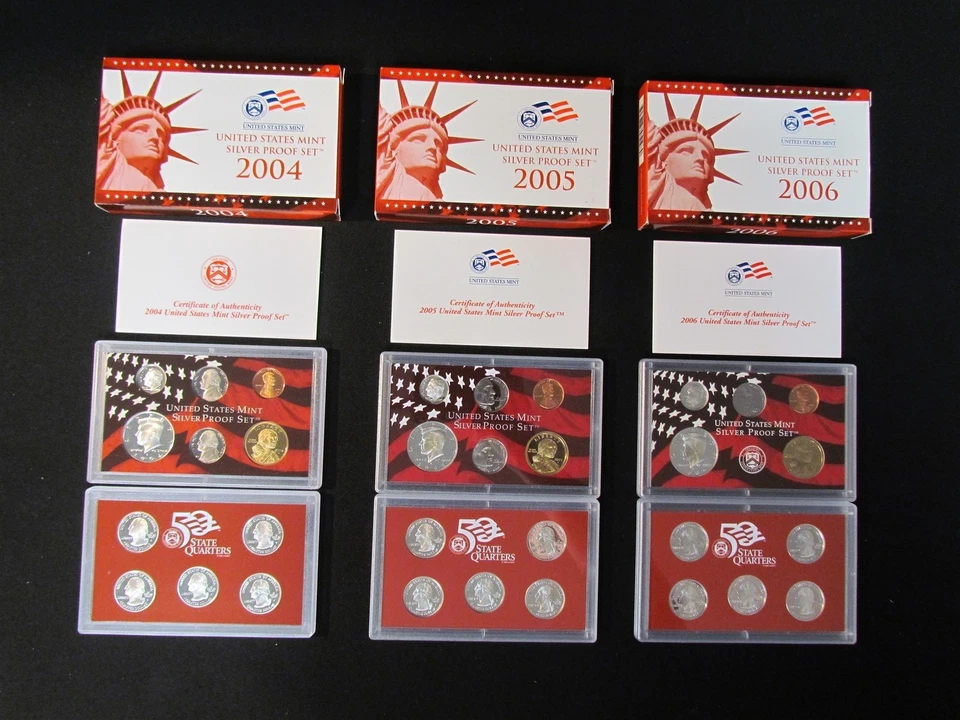 LOTE CONJUNTO PRUEBA PLATA 90% EE. UU. 2004 2005 2006 MONEDAS SIN CIRCULAR ¡SIN PRECIO BASE SIN PRECIO BASE! Foto 1 de 1