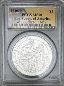 2010-P Boy Scouts of America Silver Dollar Commemorative PCGS MS-70 Flag Label - Picture 1 of 4