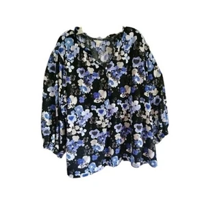 Camicetta Cato retrò floreale 20/24W taglie forti nero blu bianco scollo a V stile Y2K - Foto 1 di 13