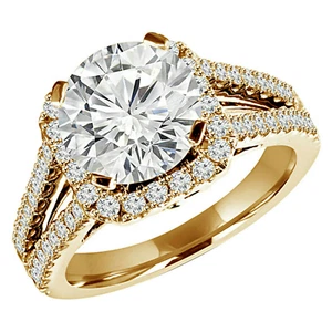 3TCW Round Cut Simulated Diamond Halo Engagement Ring in 14k Yellow Gold Plated - Picture 1 of 7