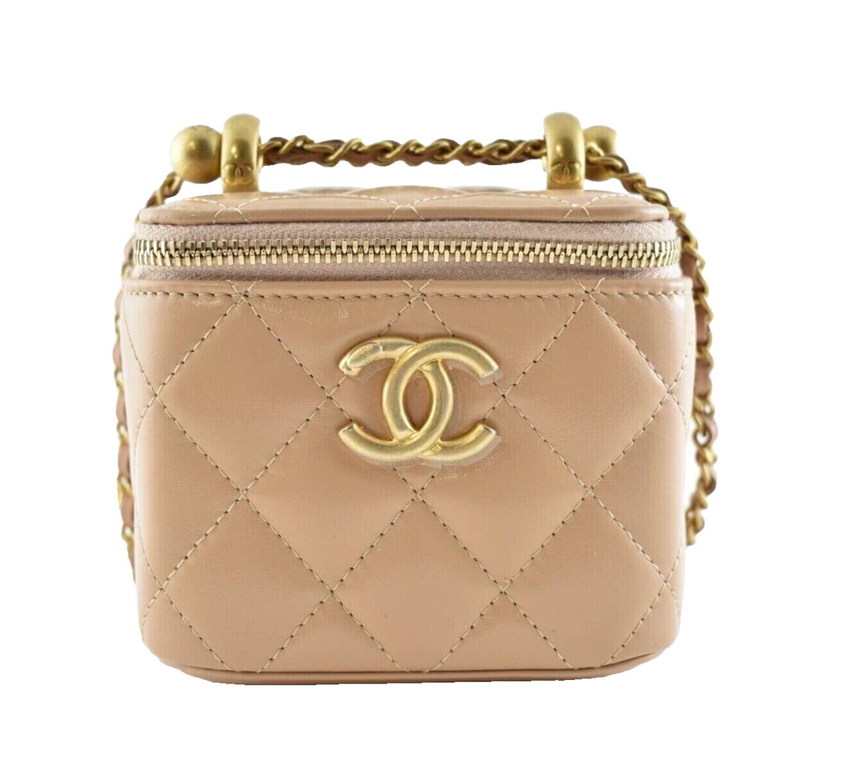 Chanel 21A Beige Mini Vanity With Chain Pearl Crush Logo Shoulder