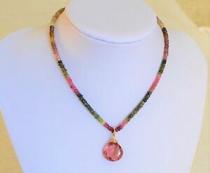 Beautiful Faceted Natural Multi Color Pink Tourmaline Yellow Gold Necklace 