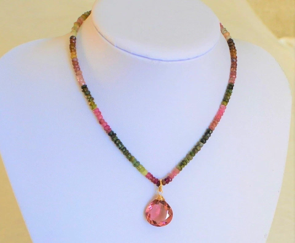 Beautiful Faceted Natural Multi Color Pink Tourmaline Yellow Gold Necklace  - Image 1 of 4