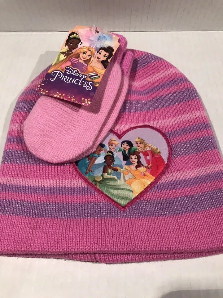 Disney Princess Pink & Purple Striped Shimmered Hat & Mittens Toddler Size 2T-4T