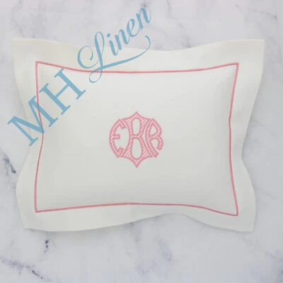SAMPLE White Linen Pillow Pink Border Boudoir Sham 12x16 Applique Monogram EBR Foto 1 de 3