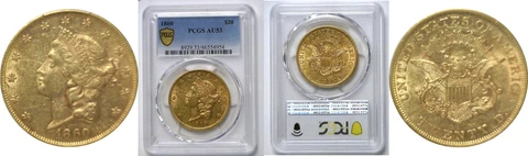 1860 $20 Liberty PCGS AU-53 Cover