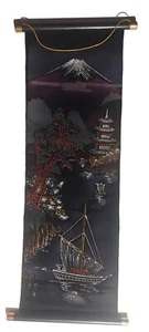 Quadro Rotolo Appeso Vintage Velluto - Monte Fuji, Barche, Tempio - Giappone - 26" - Foto 1 di 10