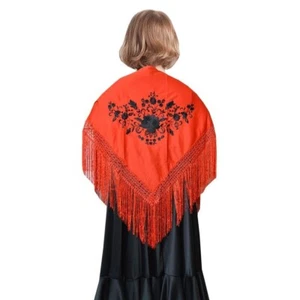 Girls Flamenco Spanish Embroidered Shawl Cover Up Wrap Dance Red Black - Picture 1 of 1