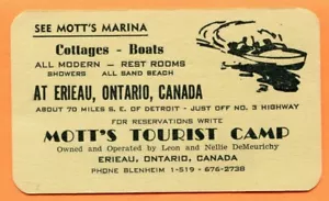 Eireau, ON Canada Mot's Marina Cottages Boats Tourist Camp Business Card w Price - Picture 1 of 3