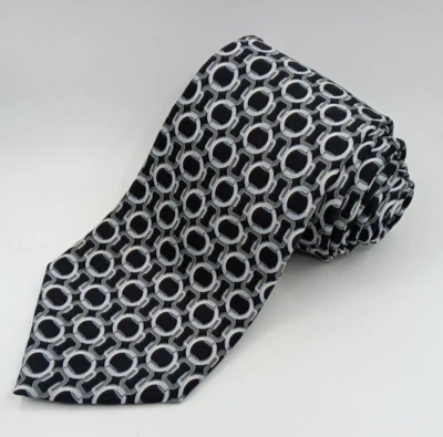 Don Loper Beverly Hills 100% Silk Mens Geometric Foulard Tie Black Gray Necktie - Image 1 of 4