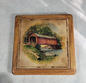 Vintage 7" Wood-Framed Ceramic Tile Trivet Red Barn Covered Bridge Water 1970's  - Picture 1 of 3