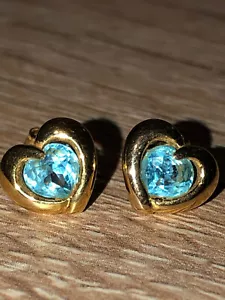 Vintage Hallmarked 9ct Yellow Gold Solitaire Heart Blue Topaz Stud Earrings - Picture 1 of 14