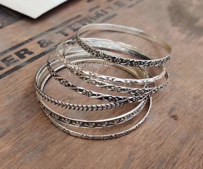 Juego de brazaletes de plata esterlina hechos a mano: brazaletes apilables de regalo para mujer de diseñador Si88 Foto 1 de 4