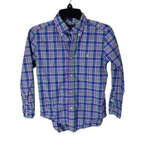 Ralph Lauren Button Up Shirt Boys Size 7 Blue Plaid Short Sleeve Cotton Pony - Picture 1 of 5