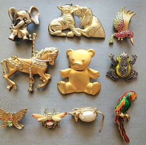 Vintage to Now 10 Brooch Pin Lot Tortolani JJ Birds Insects T. Bear Elephant - Picture 1 of 8