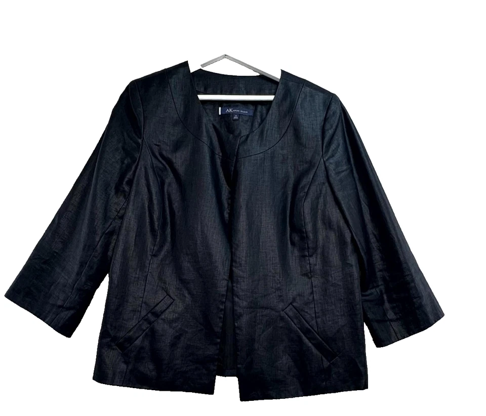 AK Anne Klein Blazer Jacket Womens 14 Black Linen 3/4 Sleeve Old Money Capsule  - Image 1 of 4