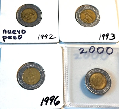 México Lote x4 Monedas Un Nuevo Peso 1 Un Peso Bimet 1992 1993 1996 y 2000 Foto 1 de 4