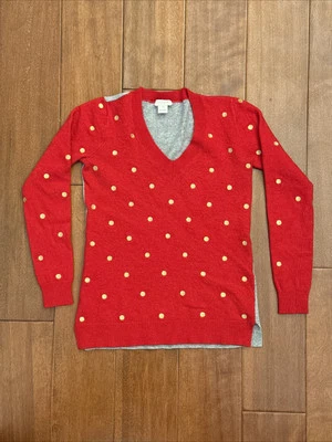 J Crew Sweater Women XXS Red Gold Polka Dot Merino Wool Blend V Neck Pullover - Image 1 of 4