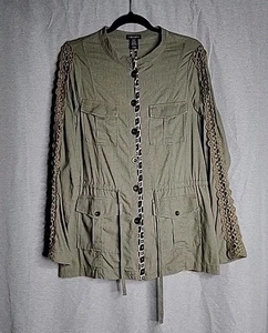 Stoosh Jacket Olive Green Size XL Linen Rayon Blend Buttons Animal Print Crochet - Picture 1 of 5