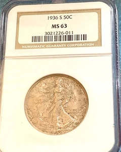 1936-S 50 CENT WALKING LIBERTY HALF NGC MS 63 - Picture 1 of 3