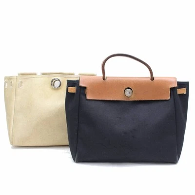 Hermes Mujer París Blanco y Negro Lona Cuero Herbag Cartera Bolso de Mano 73056-B Foto 1 de 4